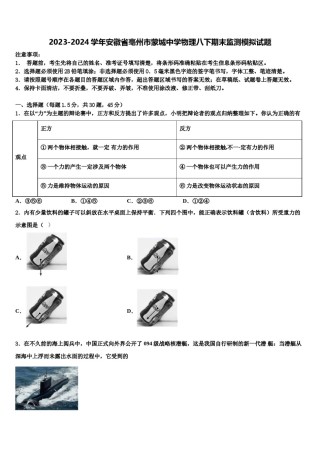 2023-2024学年安徽省亳州市蒙城中学物理八下期末监测模拟试题含解析.doc