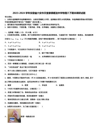 2023-2024学年安徽省六安市天堂寨镇暖流中学物理八下期末调研试题含解析.doc