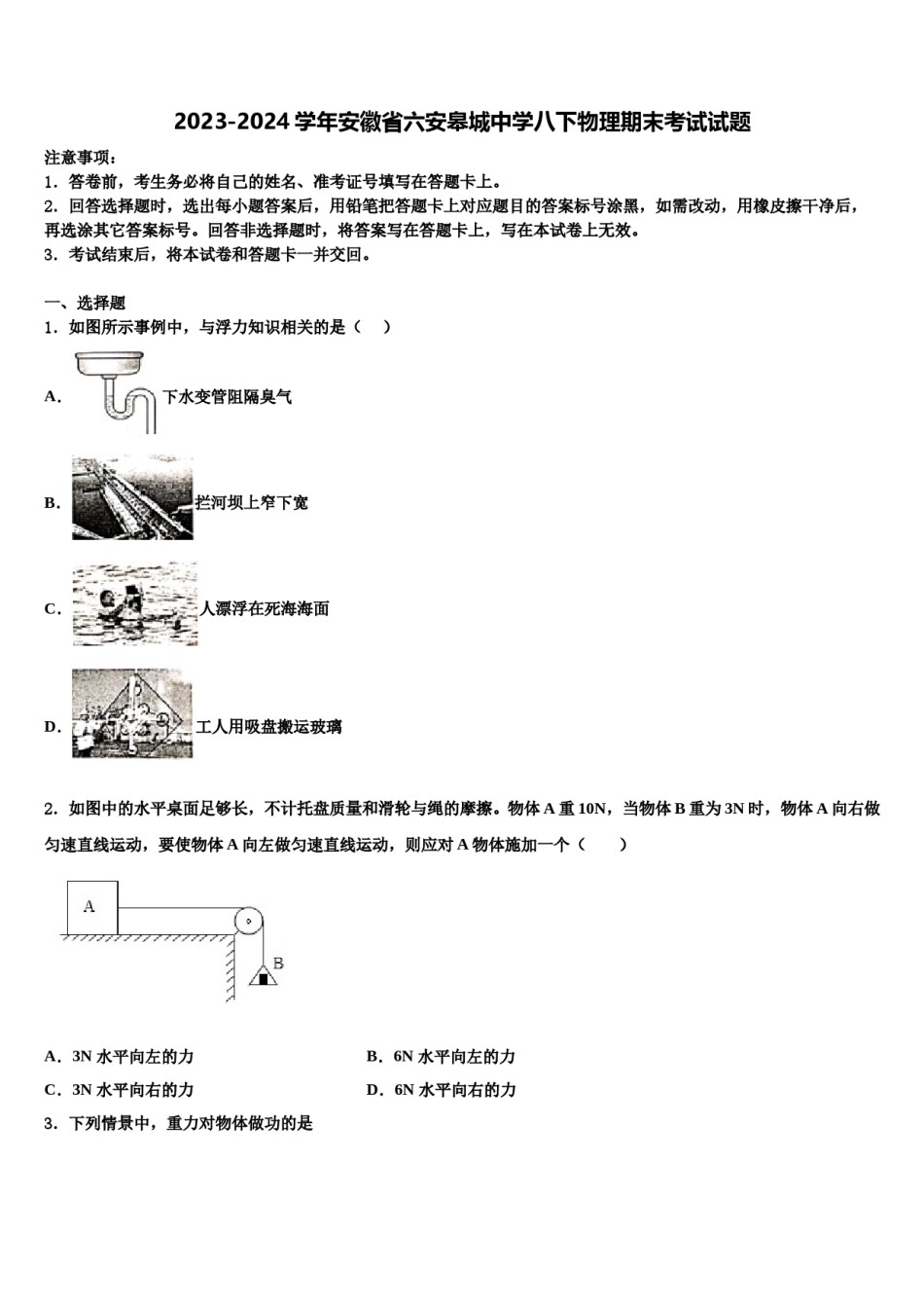 2023-2024学年安徽省六安皋城中学八下物理期末考试试题含解析.doc_第1页