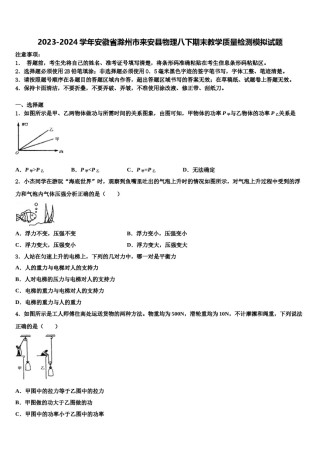 2023-2024学年安徽省滁州市来安县物理八下期末教学质量检测模拟试题含解析.doc
