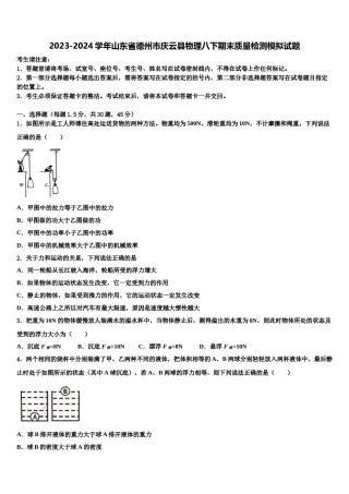 2023-2024学年山东省德州市庆云县物理八下期末质量检测模拟试题含解析.doc