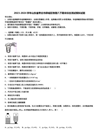 2023-2024学年山东省枣庄市薛城区物理八下期末综合测试模拟试题含解析.doc