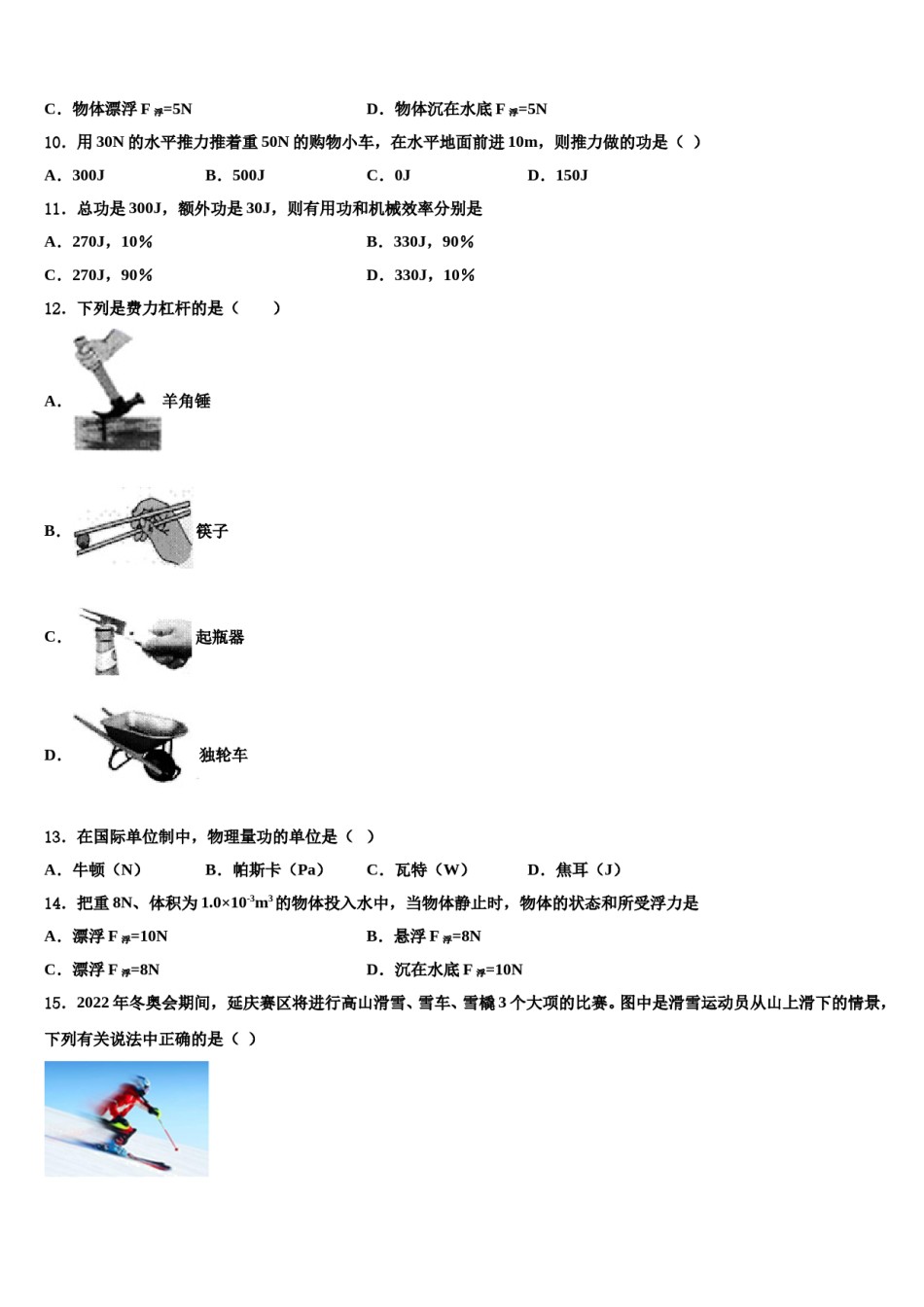 2023-2024学年山东省青岛大附属中学物理八下期末统考模拟试题含解析.doc_第3页