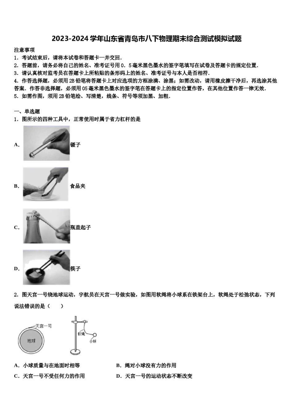 2023-2024学年山东省青岛市八下物理期末综合测试模拟试题含解析.doc_第1页