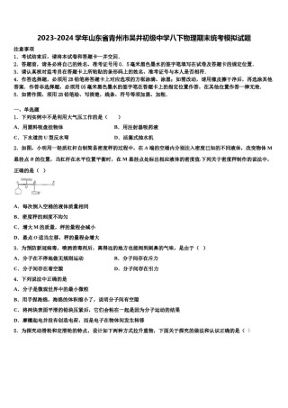 2023-2024学年山东省青州市吴井初级中学八下物理期末统考模拟试题含解析.doc