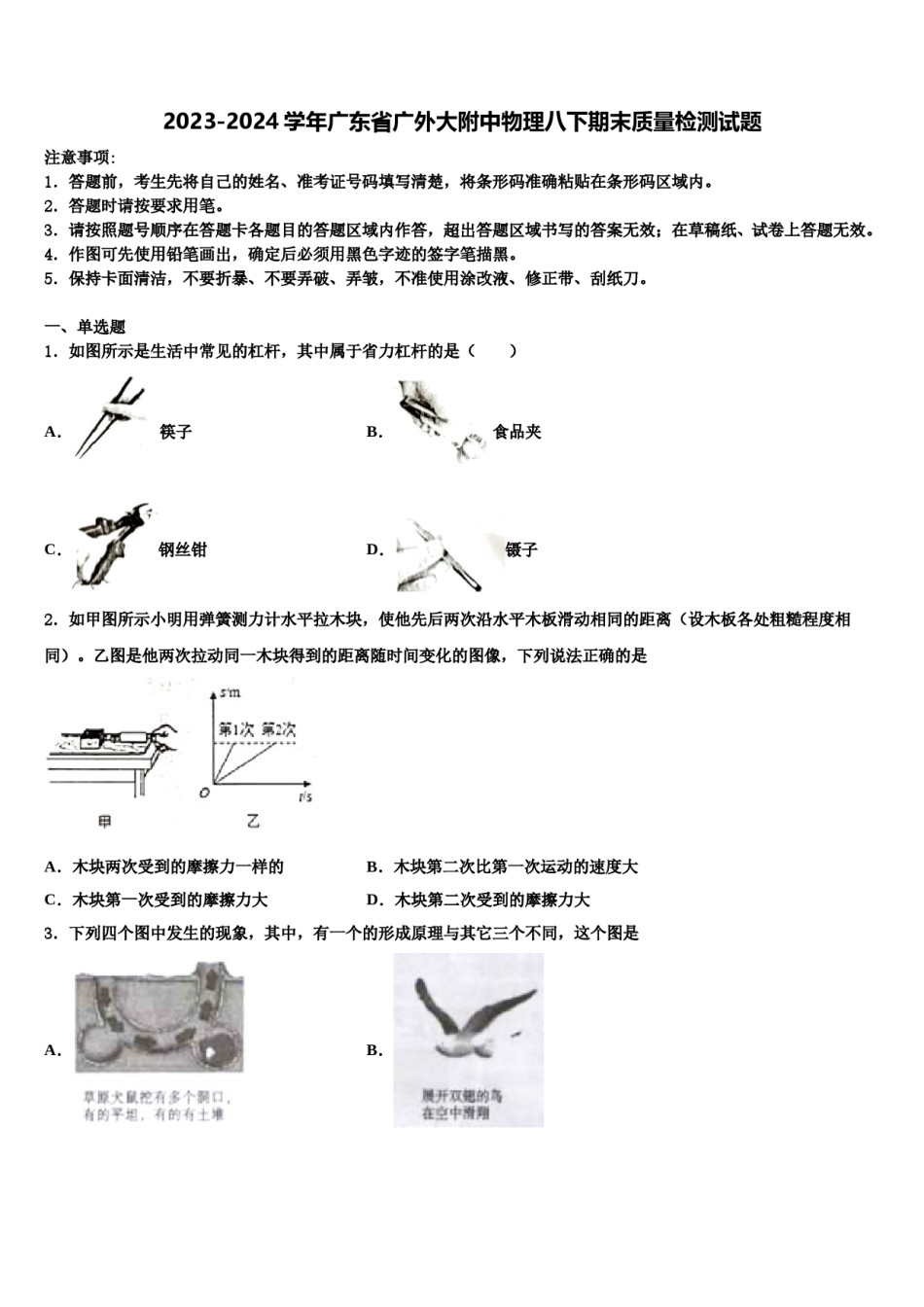 2023-2024学年广东省广外大附中物理八下期末质量检测试题含解析.doc_第1页
