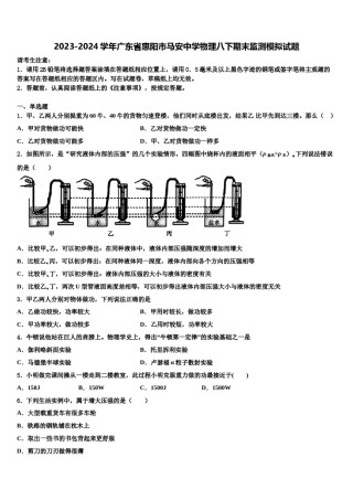 2023-2024学年广东省惠阳市马安中学物理八下期末监测模拟试题含解析.doc