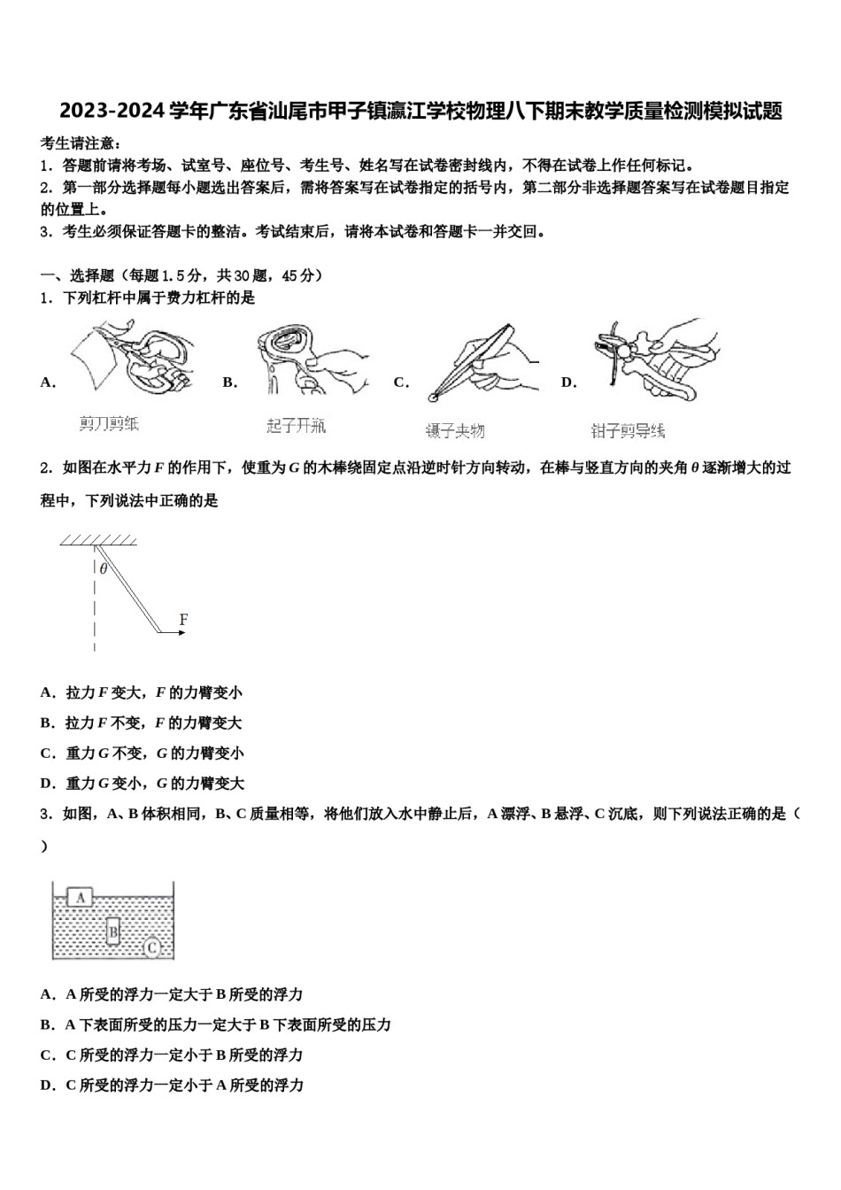 2023-2024学年广东省汕尾市甲子镇瀛江学校物理八下期末教学质量检测模拟试题含解析.doc_第1页