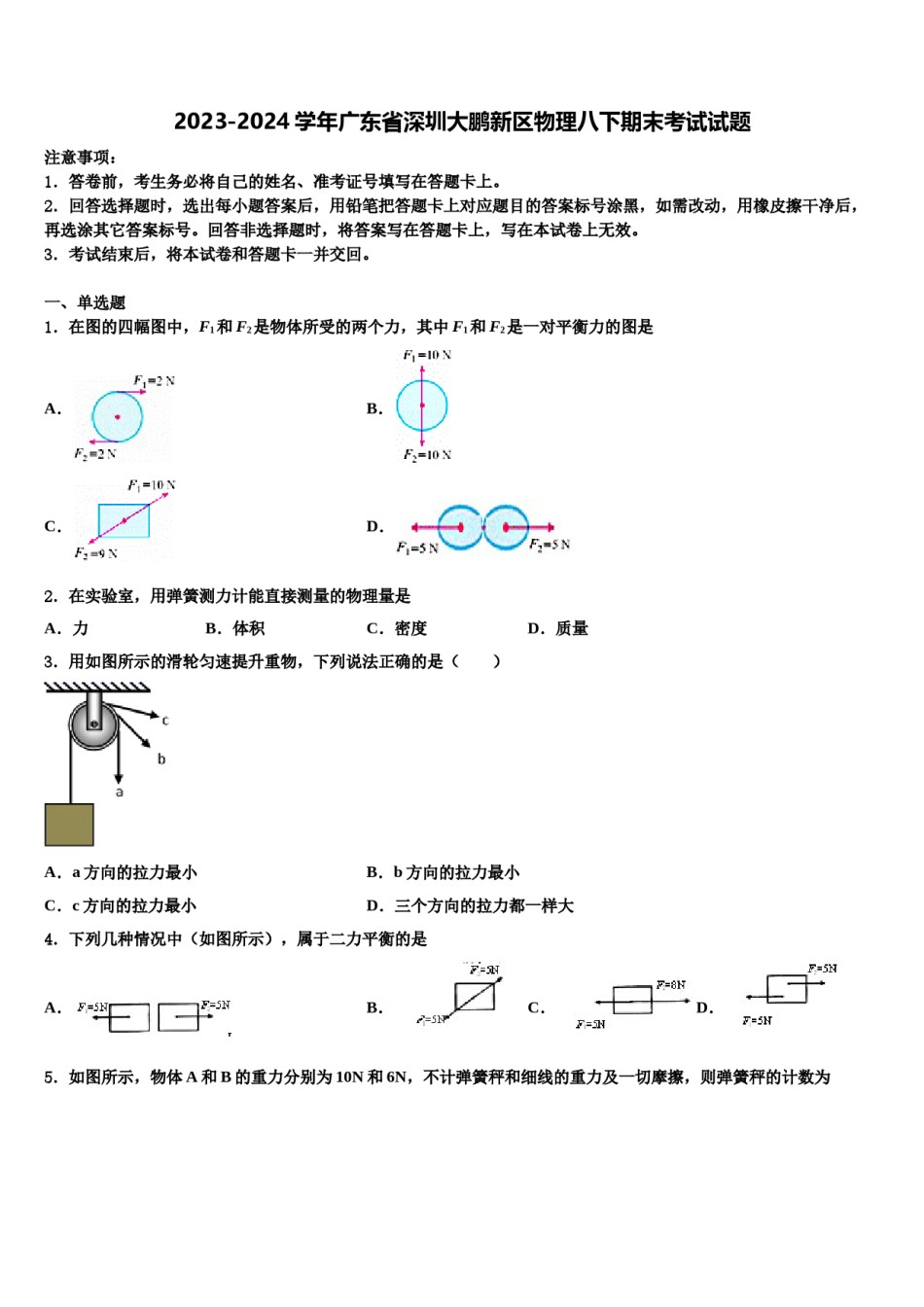2023-2024学年广东省深圳大鹏新区物理八下期末考试试题含解析.doc_第1页
