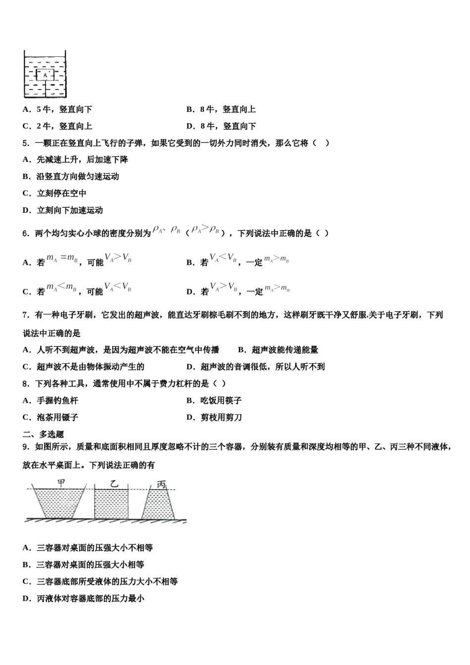 2023-2024学年广东省肇庆市端州区端州区南国中学英文学校八下物理期末监测试题含解析.doc_第2页