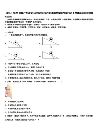 2023-2024学年广东省肇庆市端州区端州区南国中学英文学校八下物理期末监测试题含解析.doc