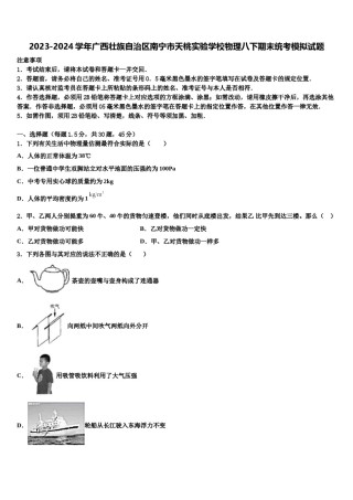 2023-2024学年广西壮族自治区南宁市天桃实验学校物理八下期末统考模拟试题含解析.doc