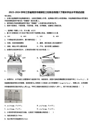 2023-2024学年江苏省南京市建邺区三校联合物理八下期末学业水平测试试题含解析.doc