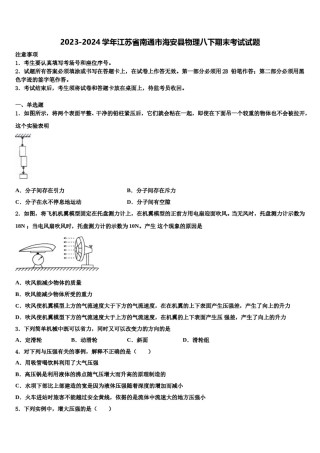 2023-2024学年江苏省南通市海安县物理八下期末考试试题含解析.doc