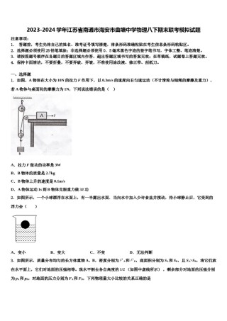 2023-2024学年江苏省南通市海安市曲塘中学物理八下期末联考模拟试题含解析.doc