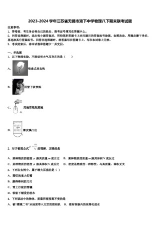 2023-2024学年江苏省无锡市港下中学物理八下期末联考试题含解析.doc