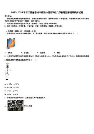 2023-2024学年江苏省泰州市靖江外国语学校八下物理期末调研模拟试题含解析.doc