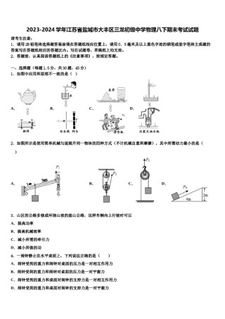 2023-2024学年江苏省盐城市大丰区三龙初级中学物理八下期末考试试题含解析.doc