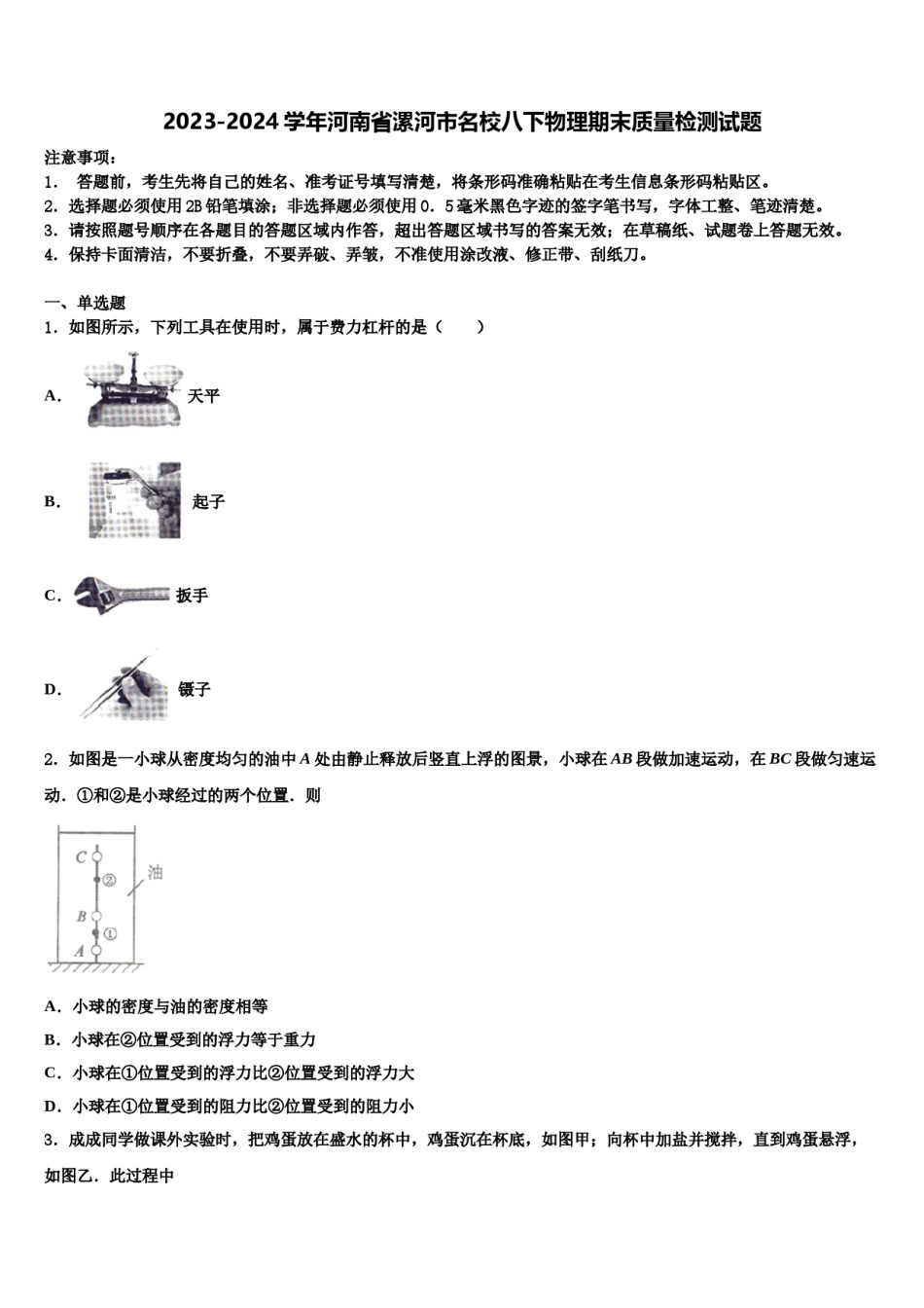 2023-2024学年河南省漯河市名校八下物理期末质量检测试题含解析.doc_第1页