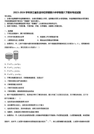 2023-2024学年浙江省乐清市虹桥镇第六中学物理八下期末考试试题含解析.doc