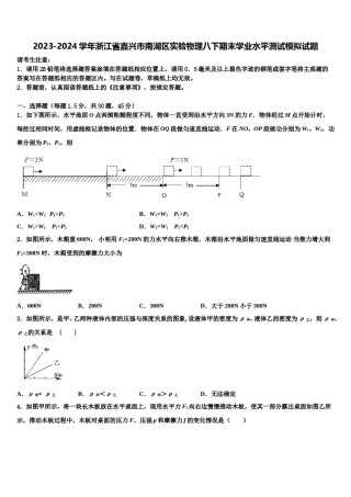 2023-2024学年浙江省嘉兴市南湖区实验物理八下期末学业水平测试模拟试题含解析.doc