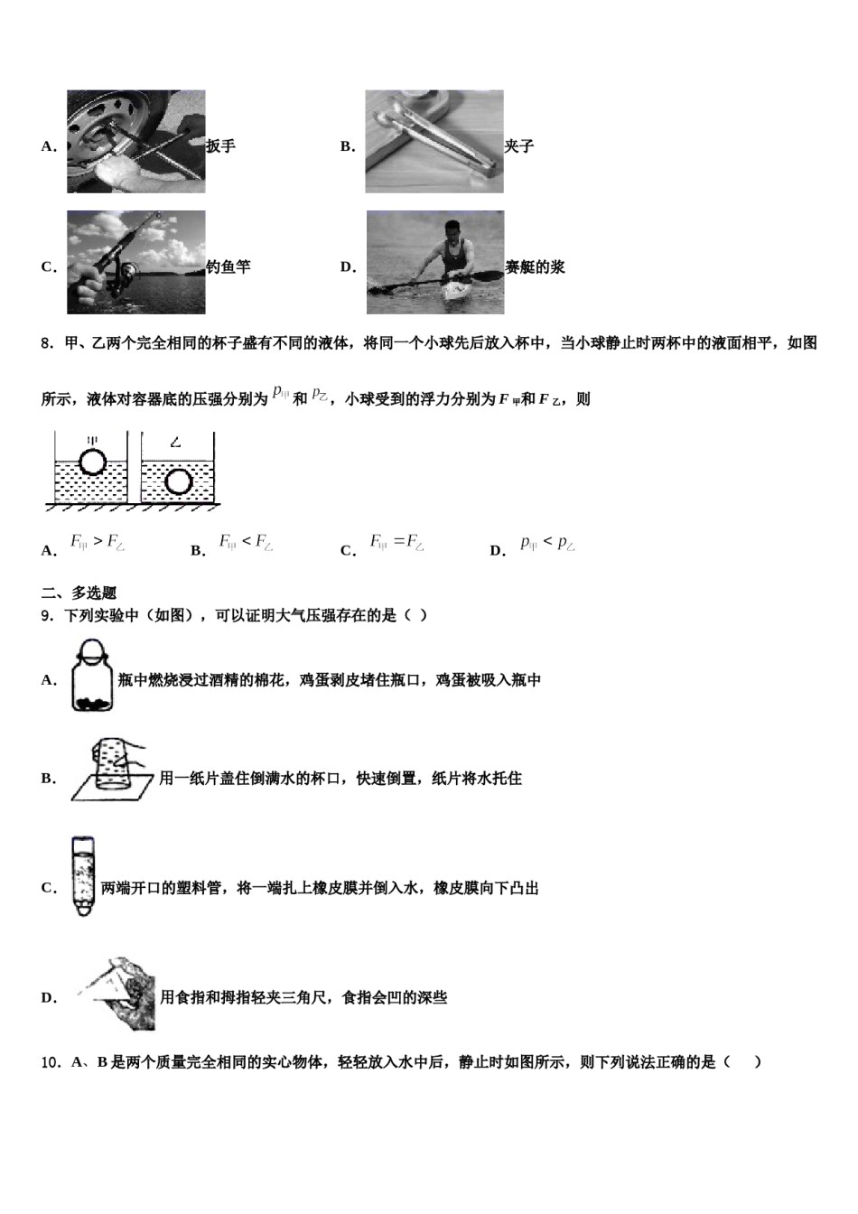 2023-2024学年浙江省嘉兴市嘉善县物理八下期末考试试题含解析.doc_第3页