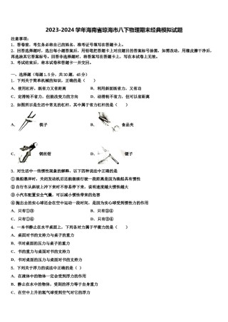 2023-2024学年海南省琼海市八下物理期末经典模拟试题含解析.doc
