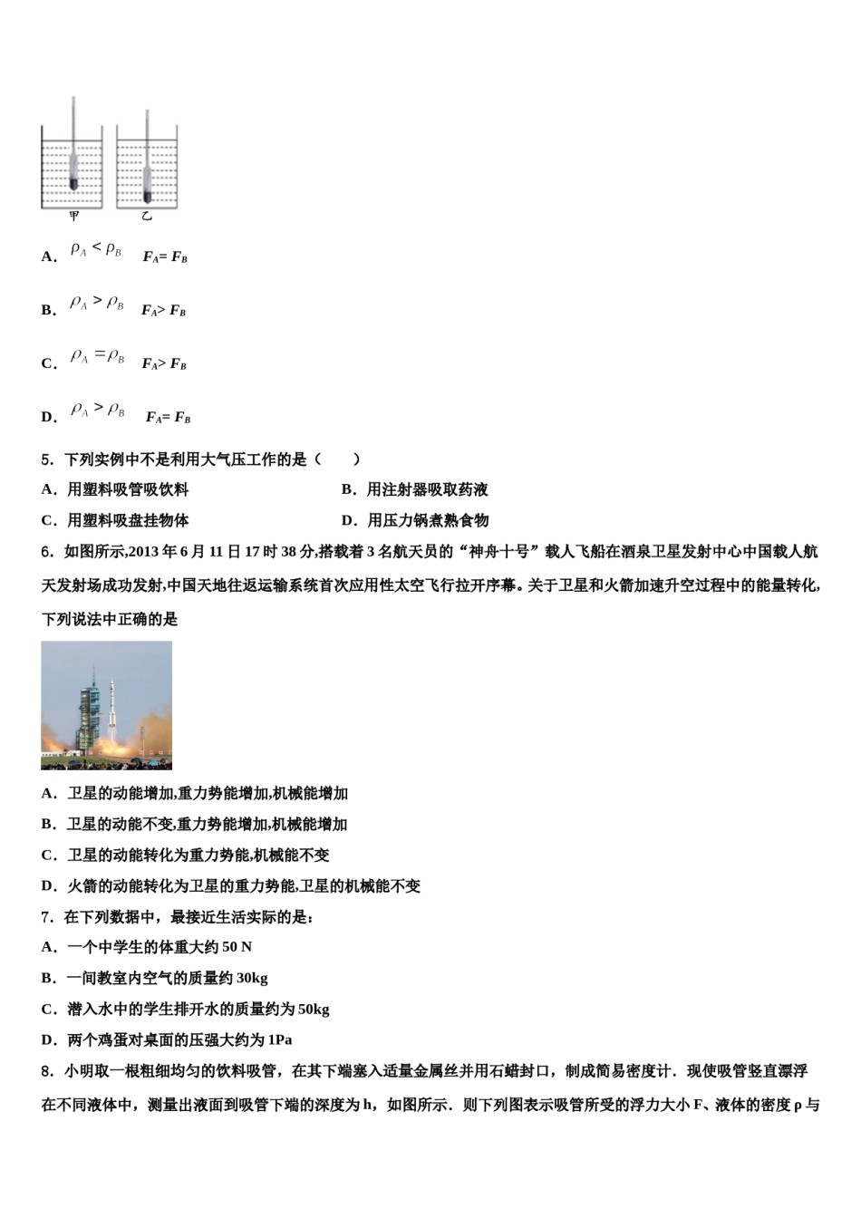 2023-2024学年湖北省咸宁市赤壁市中学小八下物理期末检测试题含解析.doc_第2页