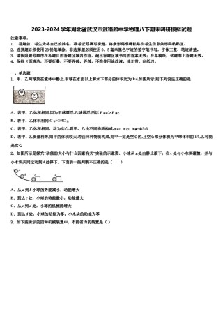 2023-2024学年湖北省武汉市武珞路中学物理八下期末调研模拟试题含解析.doc