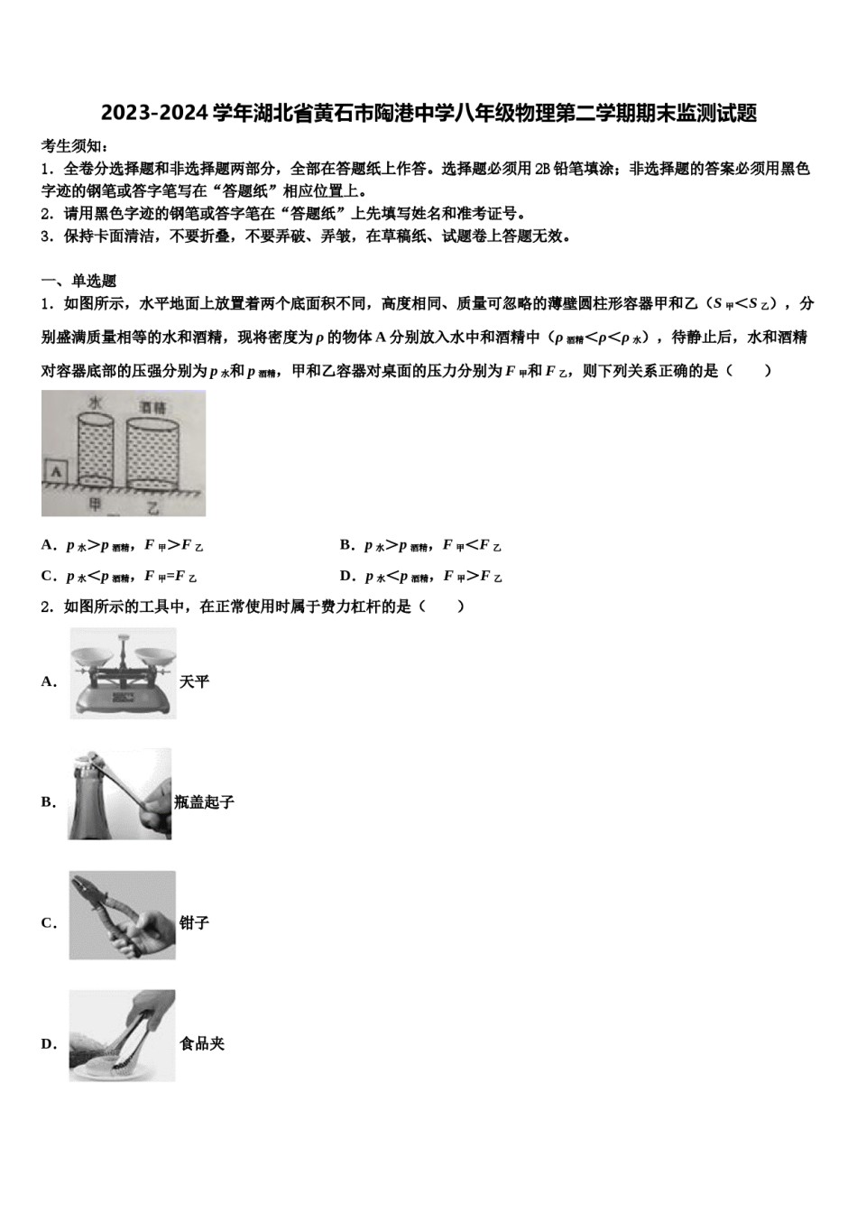 2023-2024学年湖北省黄石市陶港中学八年级物理第二学期期末监测试题含解析.doc_第1页
