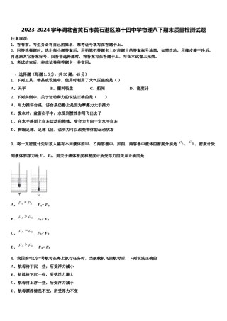 2023-2024学年湖北省黄石市黄石港区第十四中学物理八下期末质量检测试题含解析.doc