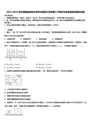 2023-2024学年湖南省岳阳市汨罗市弼时片区物理八下期末学业质量监测模拟试题含解析.doc