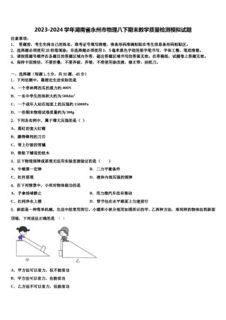 2023-2024学年湖南省永州市物理八下期末教学质量检测模拟试题含解析.doc