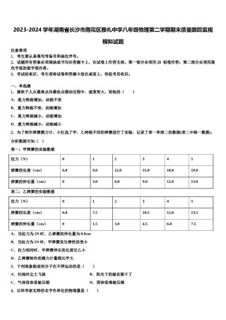 2023-2024学年湖南省长沙市雨花区雅礼中学八年级物理第二学期期末质量跟踪监视模拟试题含解析.doc
