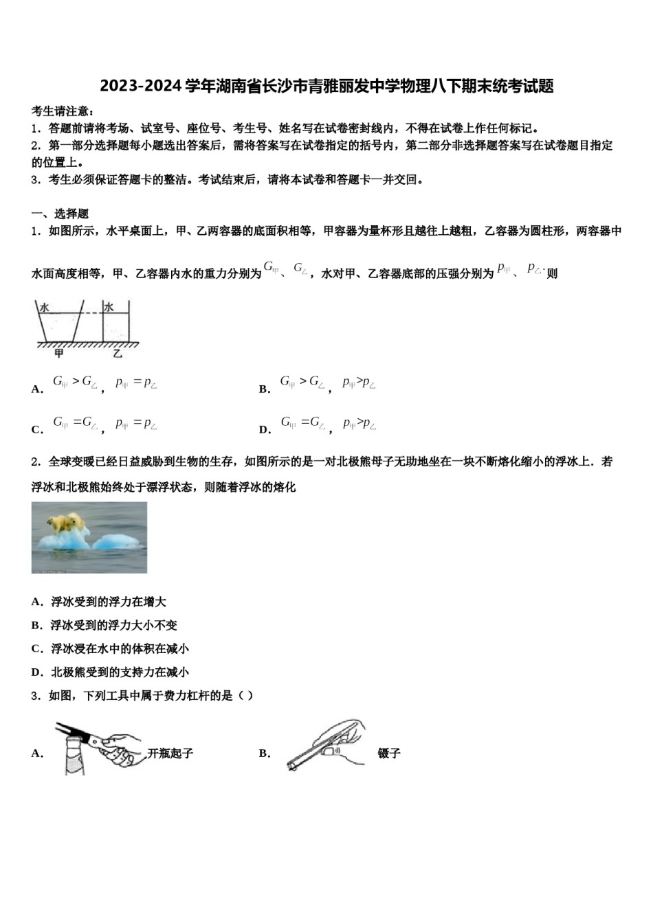 2023-2024学年湖南省长沙市青雅丽发中学物理八下期末统考试题含解析.doc_第1页