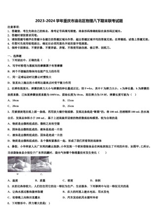 2023-2024学年重庆市渝北区物理八下期末联考试题含解析.doc