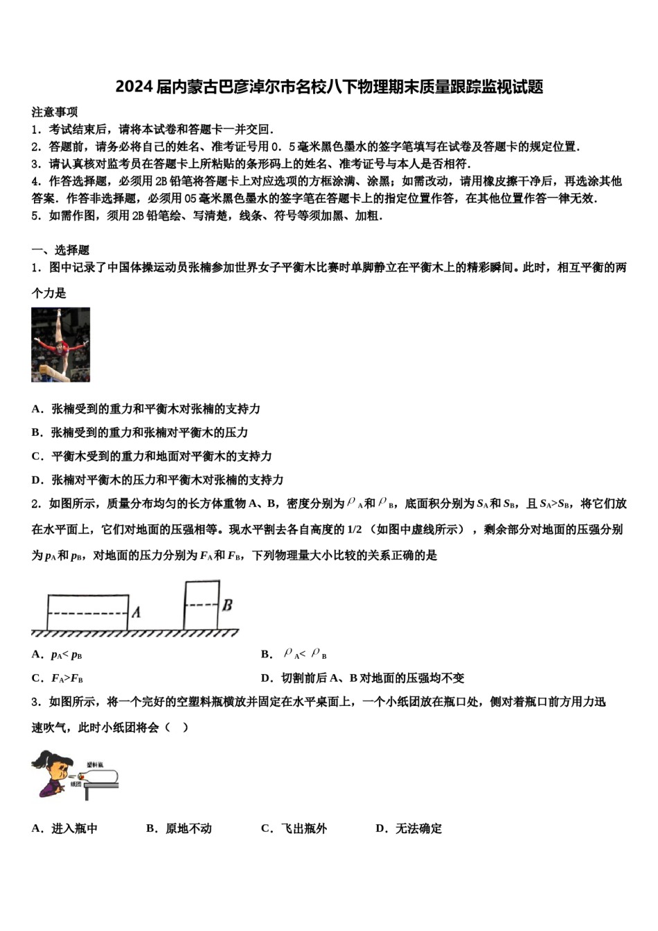 2024届内蒙古巴彦淖尔市名校八下物理期末质量跟踪监视试题含解析.doc_第1页