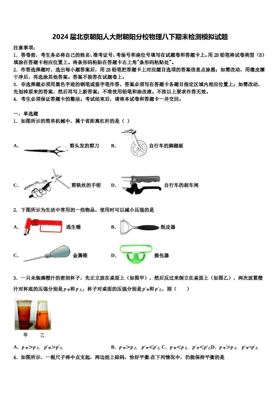 2024届北京朝阳人大附朝阳分校物理八下期末检测模拟试题含解析.doc_第1页