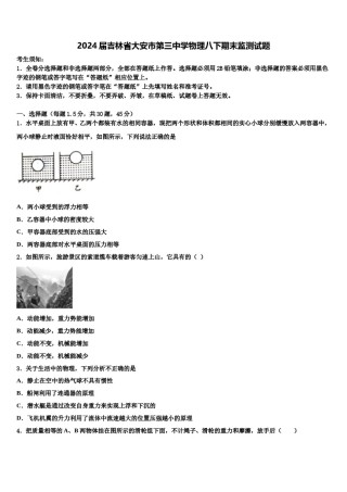 2024届吉林省大安市第三中学物理八下期末监测试题含解析.doc