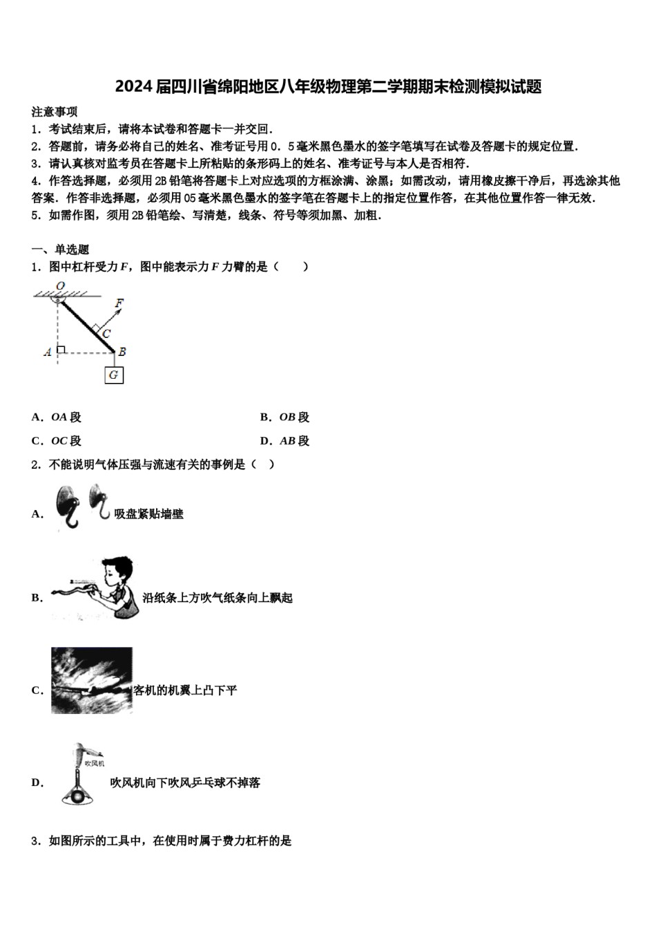 2024届四川省绵阳地区八年级物理第二学期期末检测模拟试题含解析.doc_第1页