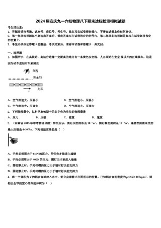 2024届安庆九一六校物理八下期末达标检测模拟试题含解析.doc