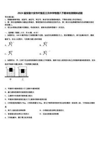 2024届安徽六安市叶集区三元中学物理八下期末检测模拟试题含解析.doc