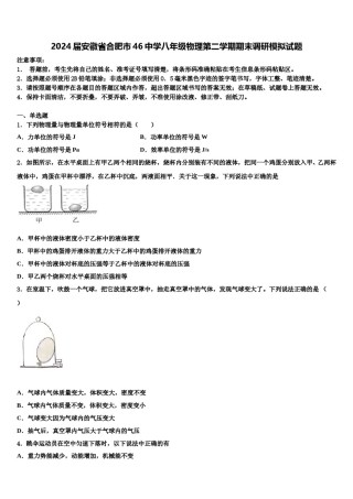 2024届安徽省合肥市46中学八年级物理第二学期期末调研模拟试题含解析.doc