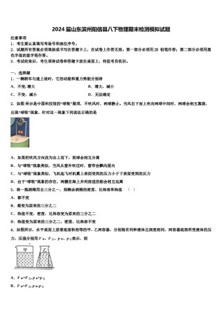 2024届山东滨州阳信县八下物理期末检测模拟试题含解析.doc