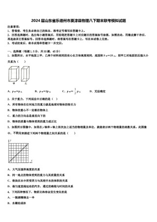 2024届山东省乐德州市夏津县物理八下期末联考模拟试题含解析.doc