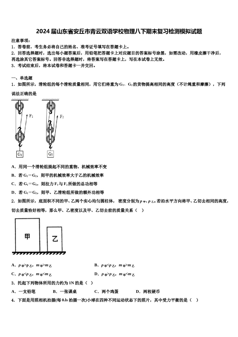 2024届山东省安丘市青云双语学校物理八下期末复习检测模拟试题含解析.doc_第1页
