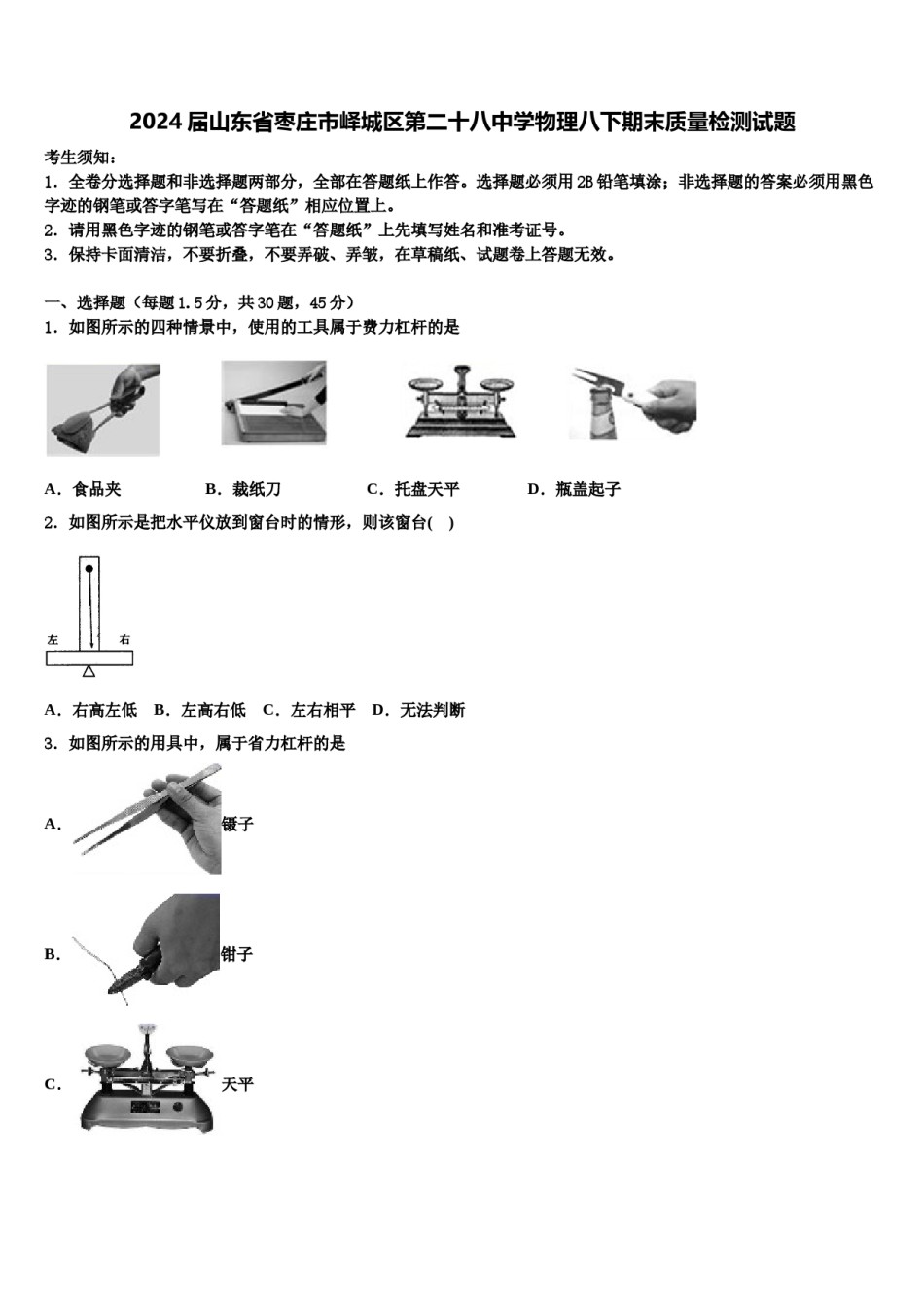 2024届山东省枣庄市峄城区第二十八中学物理八下期末质量检测试题含解析.doc_第1页