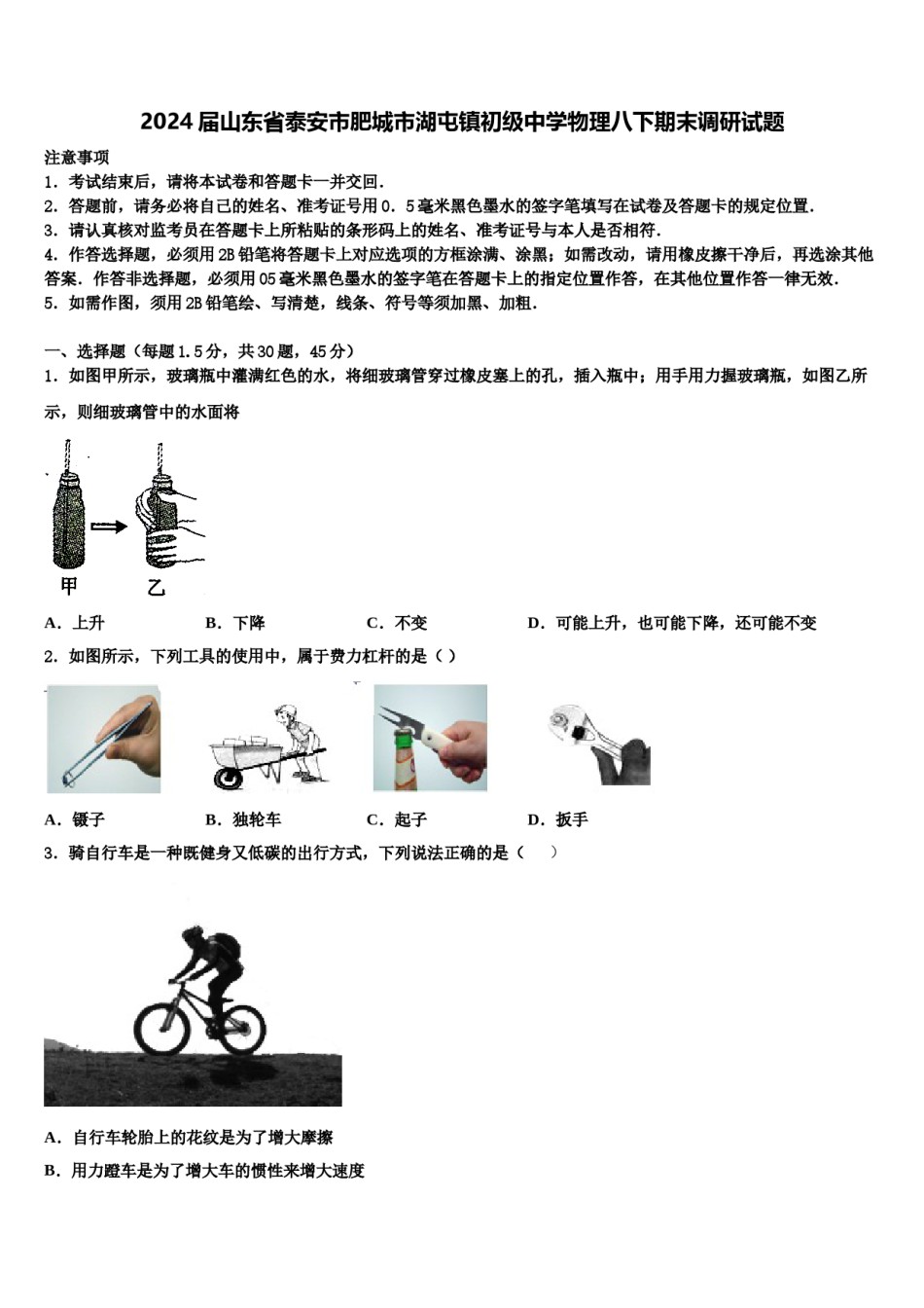 2024届山东省泰安市肥城市湖屯镇初级中学物理八下期末调研试题含解析.doc_第1页