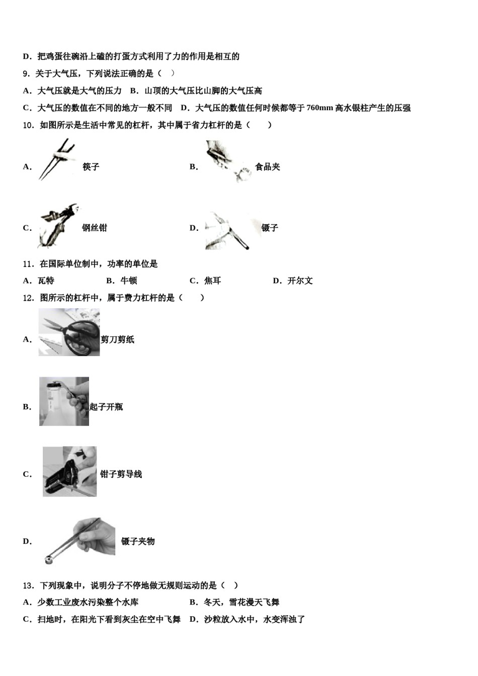 2024届山东省泰安市肥城市湖屯镇初级中学物理八下期末调研试题含解析.doc_第3页