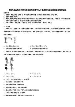 2024届山东省济南市莱芜区陈毅中学八下物理期末学业质量监测模拟试题含解析.doc